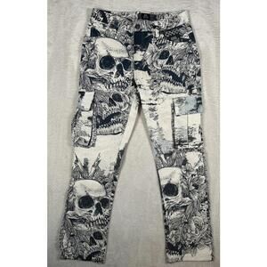 Rebel Vengeance Pants Mens 30 Skull Tapestry Floral Cargo Goth Fringe Streetwear